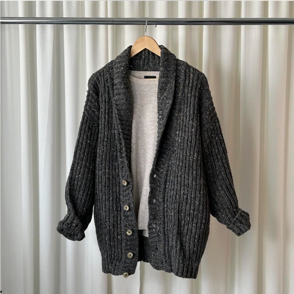 VTG 1990s Lands’ End 100% Wool Chunky Ribbed Knit Grey Speckled Grandpa Sweater - Picture 2 of 8